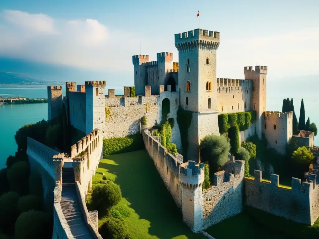 Misterios ancestrales: Detalles del Castillo de Sirmione Los muros antiguos del Castillo de Sirmione revelan una historia misteriosa en cada tallado y grieta cubierta de musgo