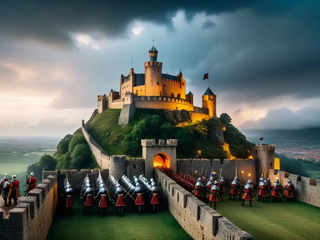 Castillo medieval bajo asedio: negociaciones y batalla inminente Negociaciones diplomáticas para evitar asedios en un castillo medieval bajo ataque, con soldados y catapultas en acción