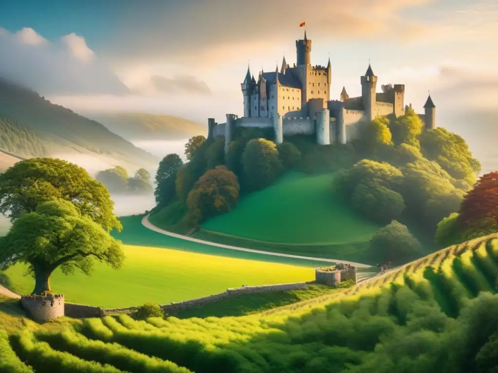 Negociaciones de paz en castillo medieval: diplomáticos en acción Negociaciones diplomáticas para evitar asedios bajo un roble centenario, entre reinos en un valle vibrante