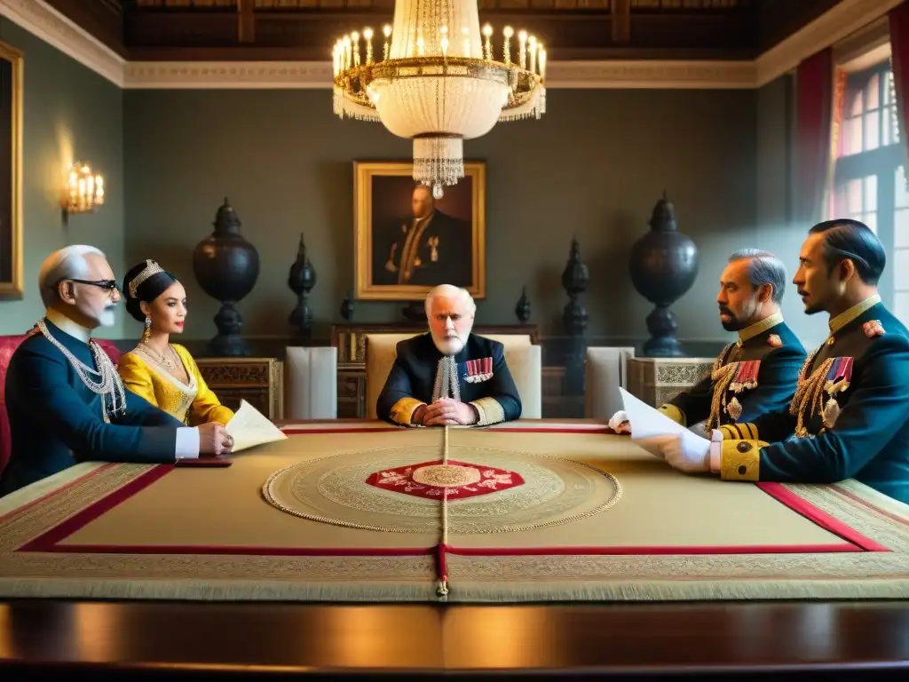 Negociaciones diplomáticas históricas en sala ricamente decorada Negociaciones diplomáticas intensas entre naciones en un ambiente histórico y elegante para evitar asedios