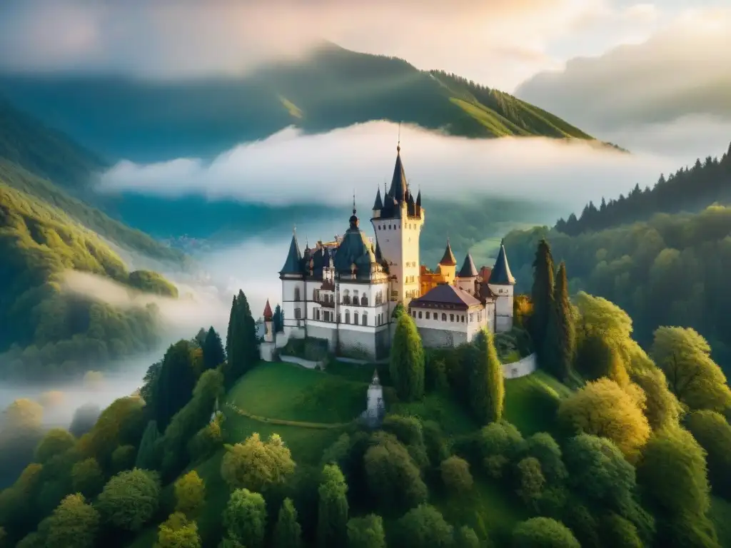 Explora la opulencia del Castillo de Peleș en Rumanía Explora la opulencia del Castillo Peleș en Rumanía, rodeado de exuberante vegetación y montañas brumosas
