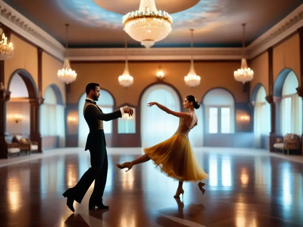 Clases de baile en un castillo encantado Parejas bailando elegantemente en un majestuoso castillo encantado, en una clase de bailes de salón