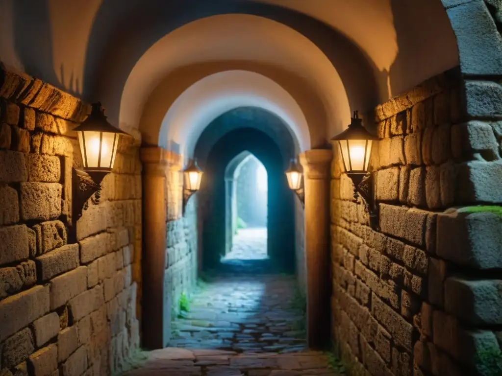 Misterioso pasadizo en castillo antiguo: imágenes en alta resolución Un pasadizo secreto en un castillo antiguo, iluminado por antorchas, con muros de piedra y carvings intrincados