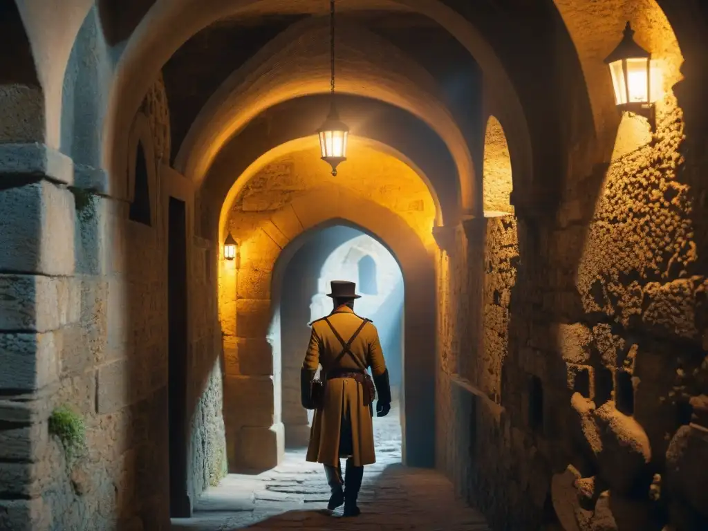 Entrada secreta en castillo medieval: misterio y suspenso Un pasadizo secreto en un castillo medieval con antorchas, sombras misteriosas y rutas de espías
