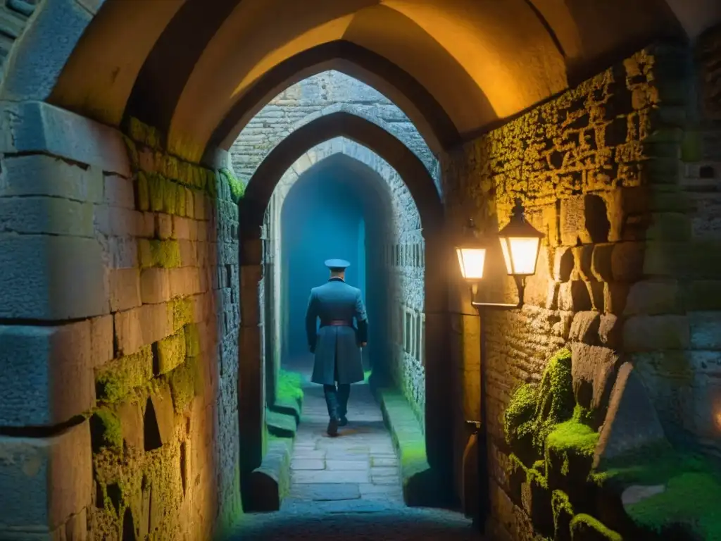 Intrigante pasadizo subterráneo en la Torre de Londres Un pasadizo subterráneo de piedra en penumbra, iluminado por antorchas, con muros antiguos húmedos y musgosos