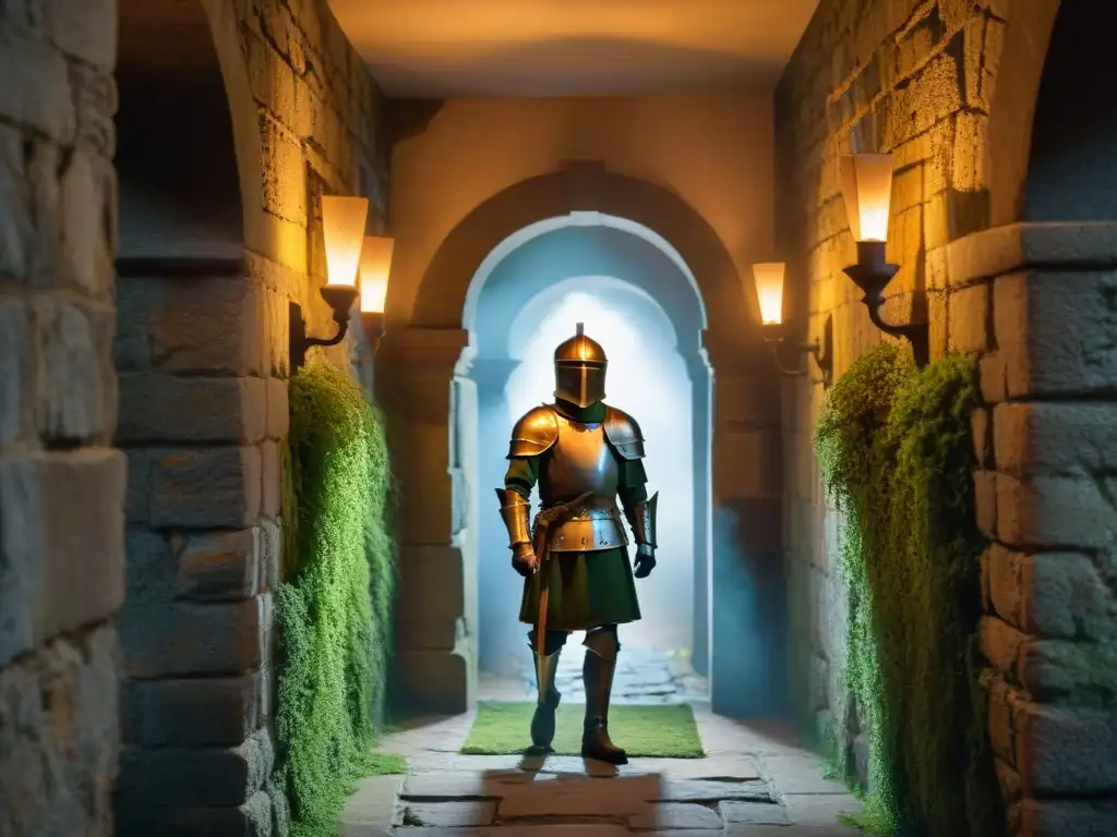 Un pasillo de castillo ancestral iluminado tenuemente, con sombras misteriosas y un encuentro sobrenatural de un caballero medieval