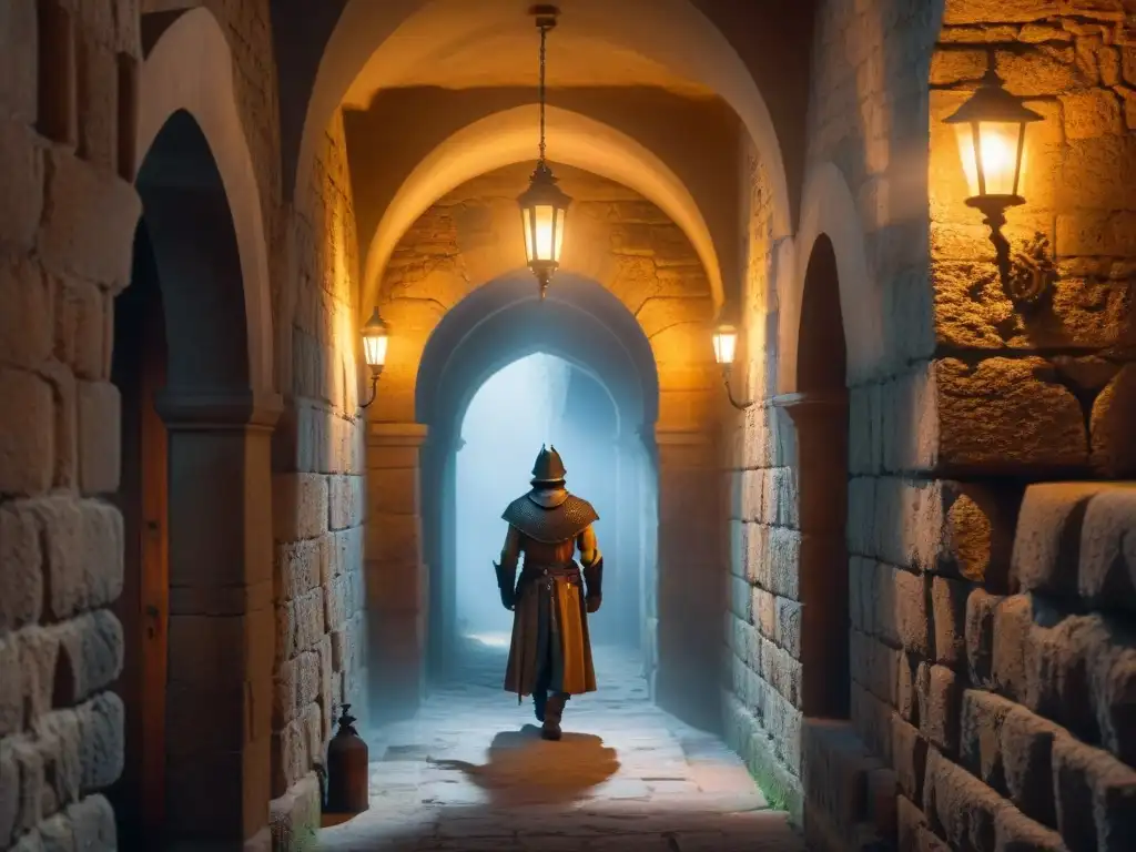 Corredor tenebroso de castillo antiguo con figura fantasmal Un pasillo de castillo antiguo en penumbra, con figuras fantasmales, evocando eventos paranormales en castillos antiguos