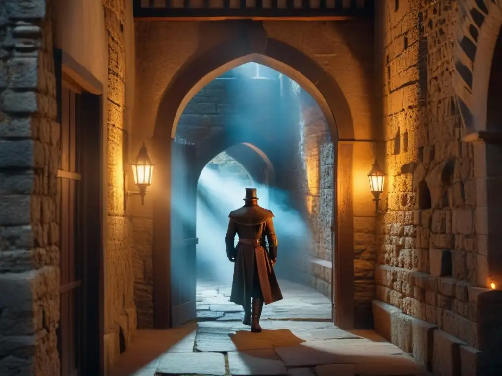 Intriga medieval: pasillo oscuro de castillo con figuras en la sombra Un pasillo de castillo medieval iluminado por antorchas, sombras misteriosas y una figura en la puerta entreabierta