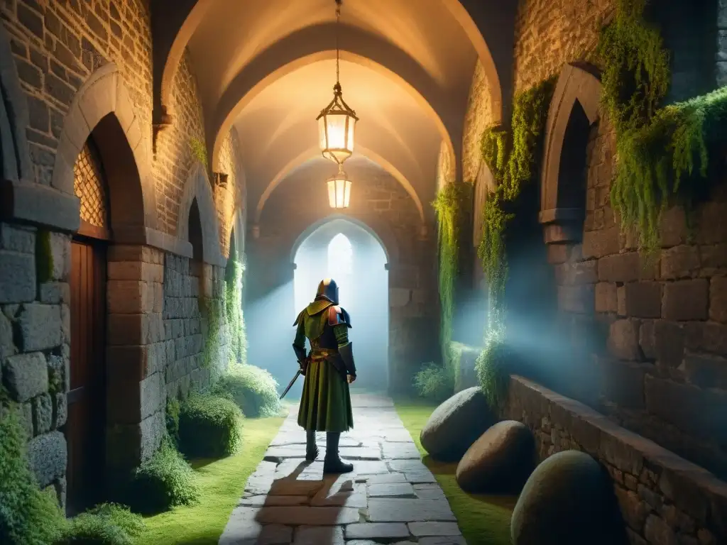 Castillo medieval fantasmal: pasillo misterioso con caballero espectral Un pasillo de castillo medieval con muros de piedra cubiertos de musgo y telarañas