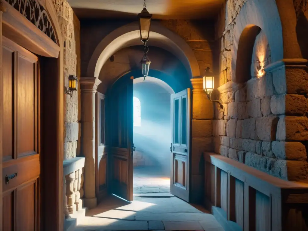 Misterioso pasillo de castillo encantado, iluminado Un pasillo misterioso y encantado en un antiguo castillo, con antorchas titilantes y una puerta entreabierta