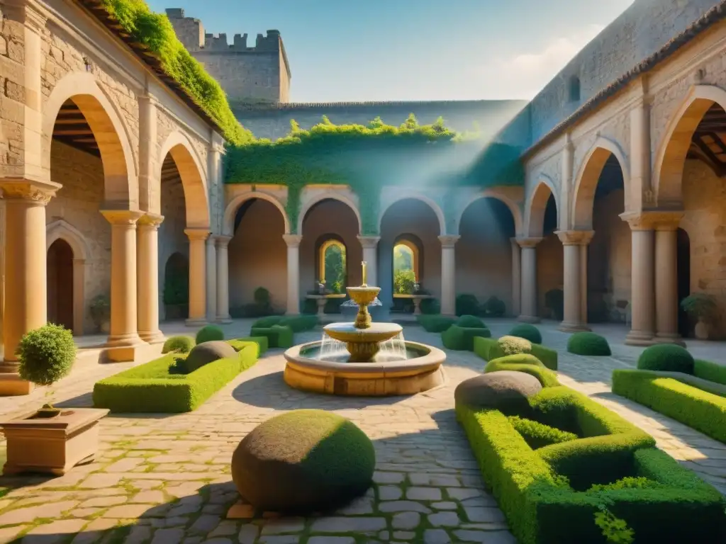 Espléndido patio de castillo con fuente mítica y jardines floridos Un patio interno de castillo con adoquines intrincados, rodeado de altos muros de piedra cubiertos de hiedra verde exuberante