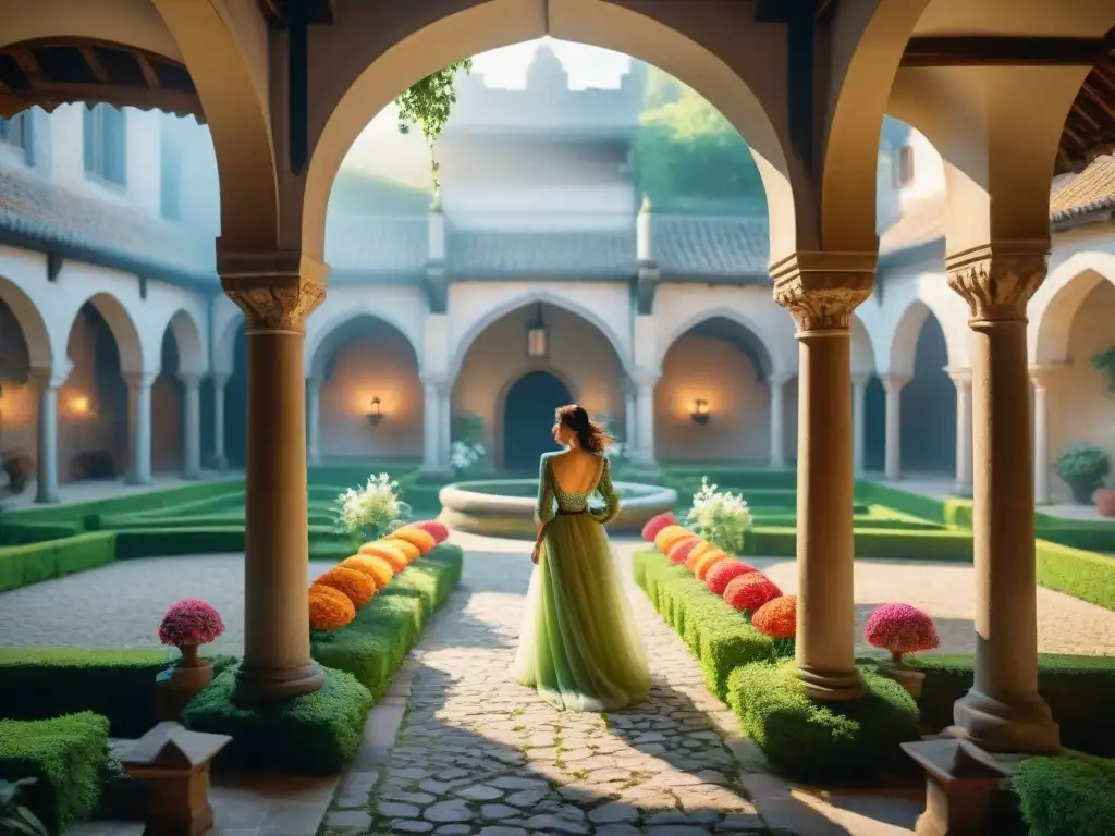 Jardín medieval encantado con fuente y arcos de piedra Un patio interno en un castillo medieval con exuberante vegetación, arcos de piedra y una fuente tallada, creando una atmósfera serena y encantadora