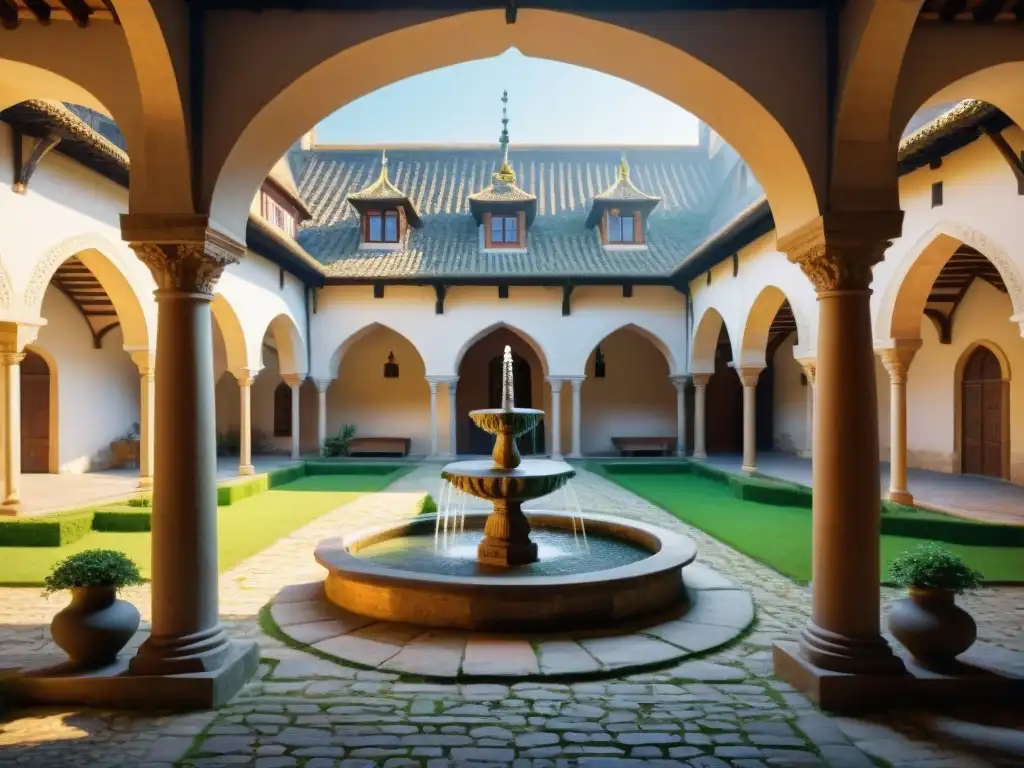 Castillo medieval: majestuosidad y elegancia en su patio interior Patio interno de un castillo medieval con arcos, pilares y vegetación exuberante, bañado por cálida luz solar