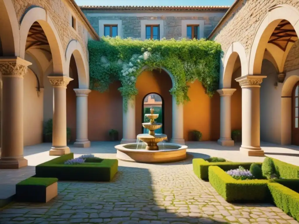 Courtyard medieval con flores y fuente serena Patios internos de castillo histórico con arcos de piedra, flores coloridas y fuente serena en un día soleado