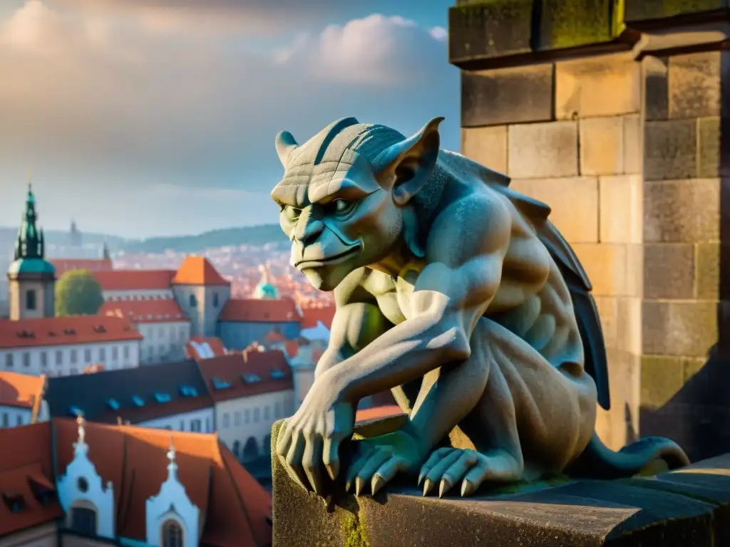 Guardián centenario: Gárgola de piedra en el Castillo de Praga Un gárgola de piedra desgastada en el Castillo de Praga, sus detalles centenarios evocan misterios y leyendas en la historia del castillo