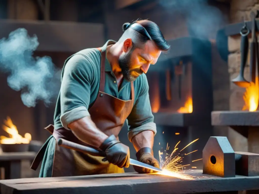 El forjador de espadas: arte ancestral Poderosa escena en un castillo medieval: un habilidoso herrero forja armas en un taller iluminado por fraguas ardientes, rodeado de chispas volando
