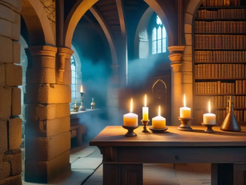 Alquimia ancestral en un castillo legendario En lo profundo de un castillo legendario, un laboratorio de alquimia oculto revela secretos místicos
