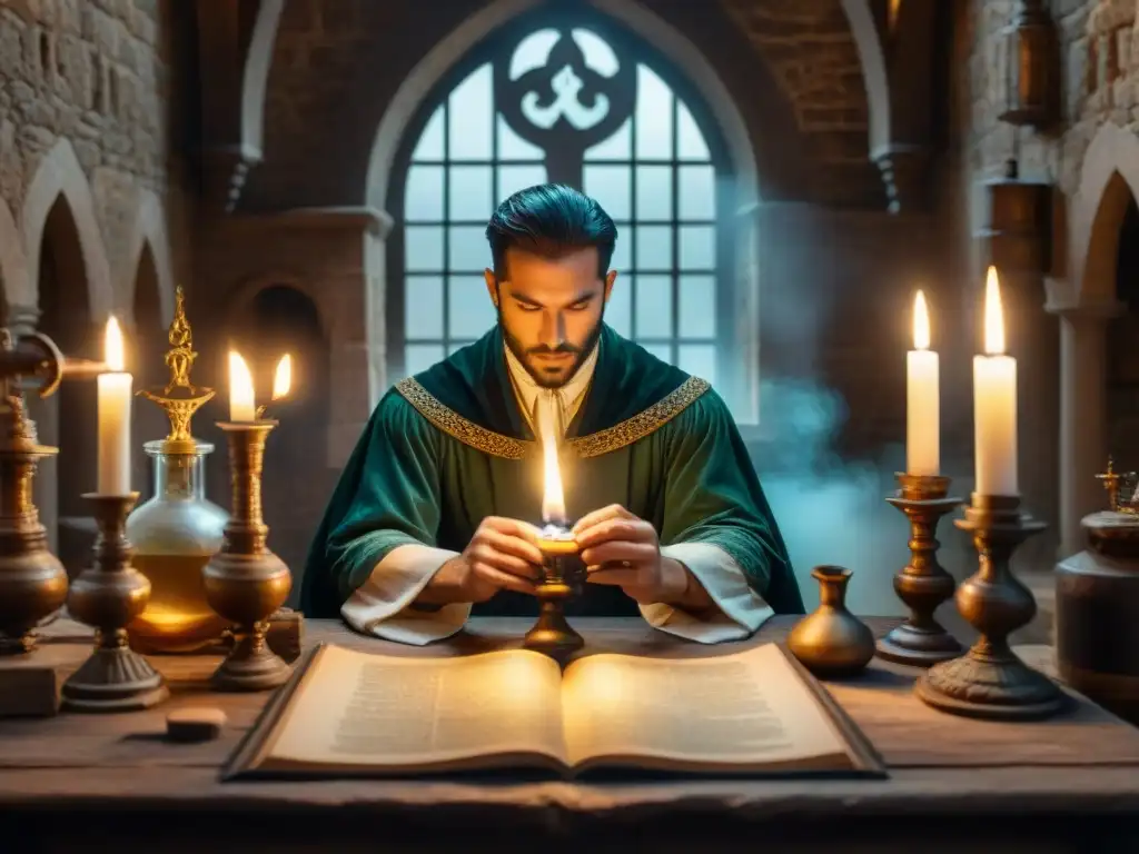 Laboratorio alquímico medieval en castillo: misterio y magia En lo profundo de un castillo medieval, un laboratorio alquímico iluminado por velas crea un aura de misterio