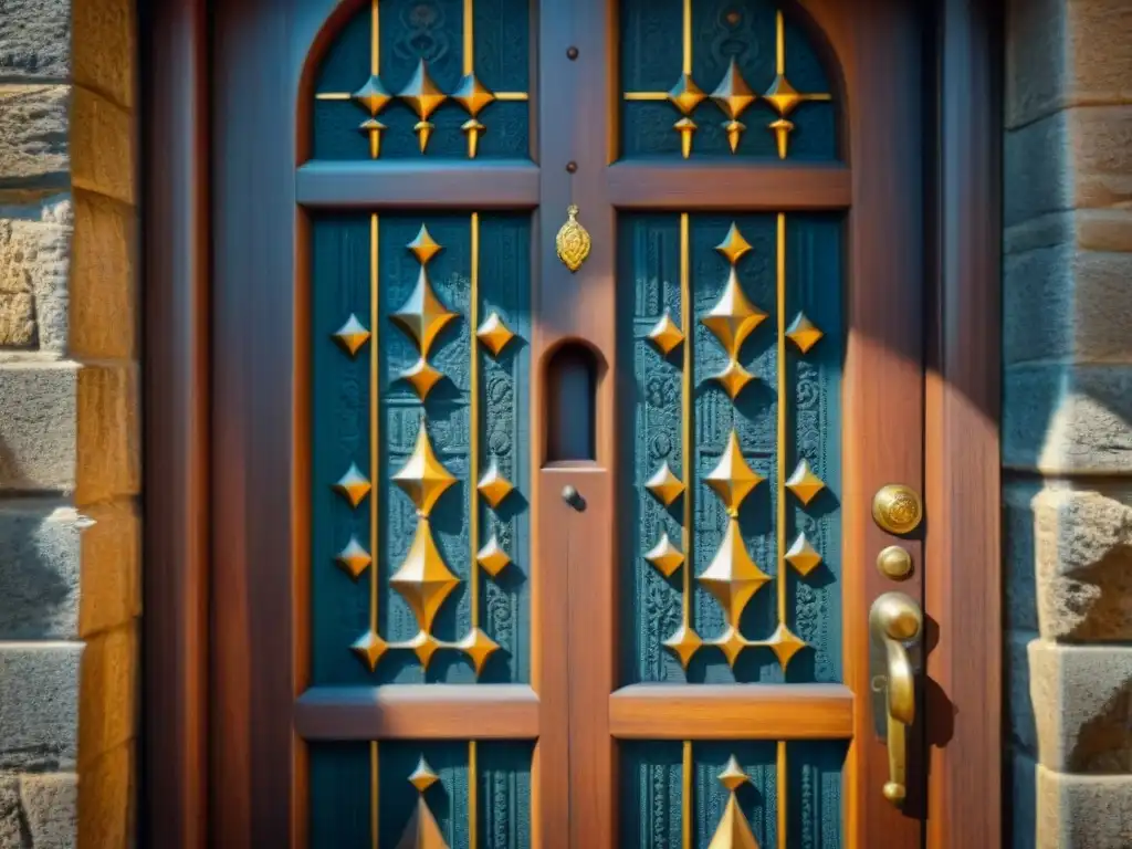 Puerta de castillo medieval con detalles tallados y luz filtrada La puerta de madera tallada en un castillo medieval, decorada con tonos medievales y detalles ornamentales, bañada por la luz a través de la cerradura