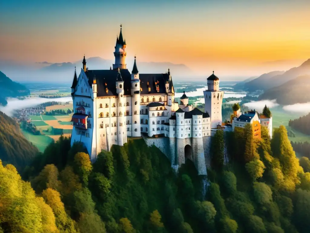 Una puesta de sol detrás del majestuoso Castillo de Neuschwanstein en Baviera, Alemania