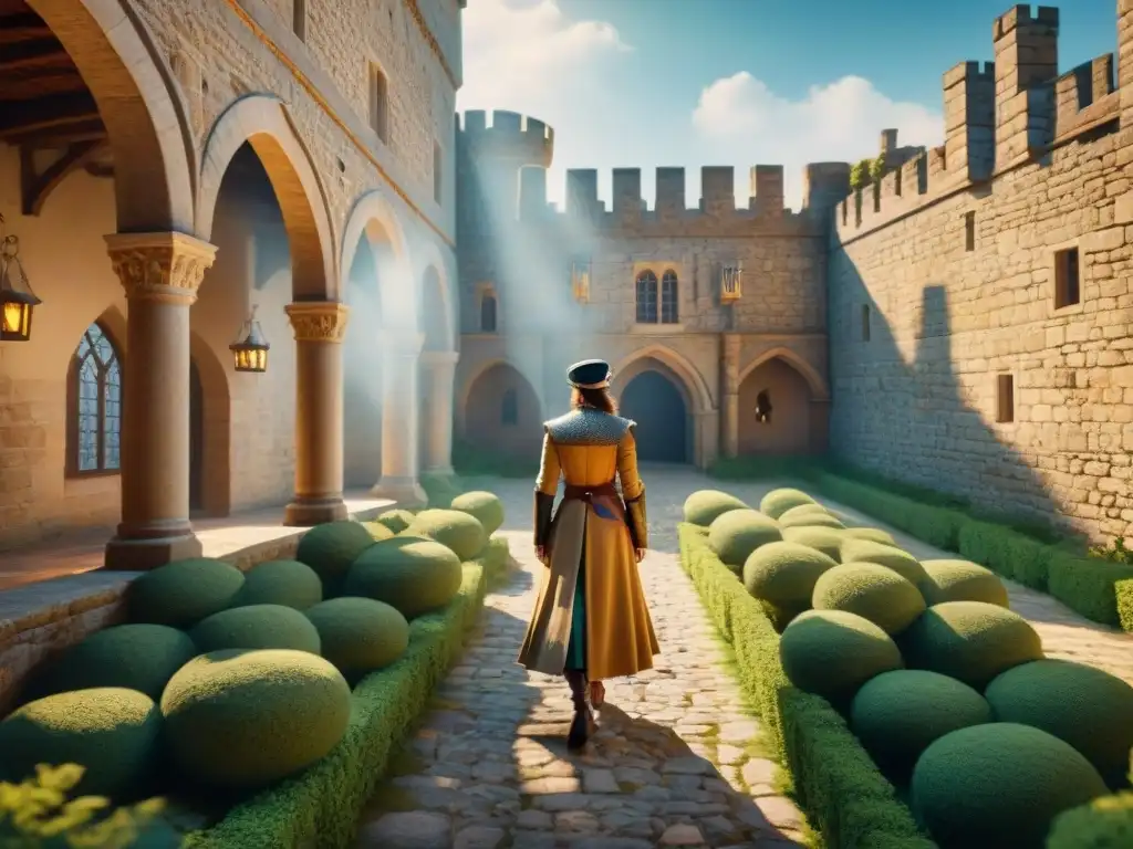 Castillo medieval en realidad virtual: detalle y esplendor histórico Explora la Realidad Virtual de un majestuoso castillo medieval reconstruido, con torres, muros de piedra e exuberante vegetación