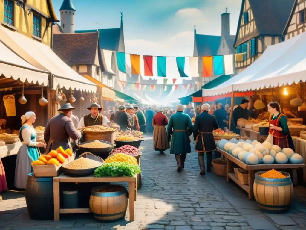 Recetas medievales ferias gastronómicas: Escena bulliciosa de feria medieval con vendedores y platillos icónicos