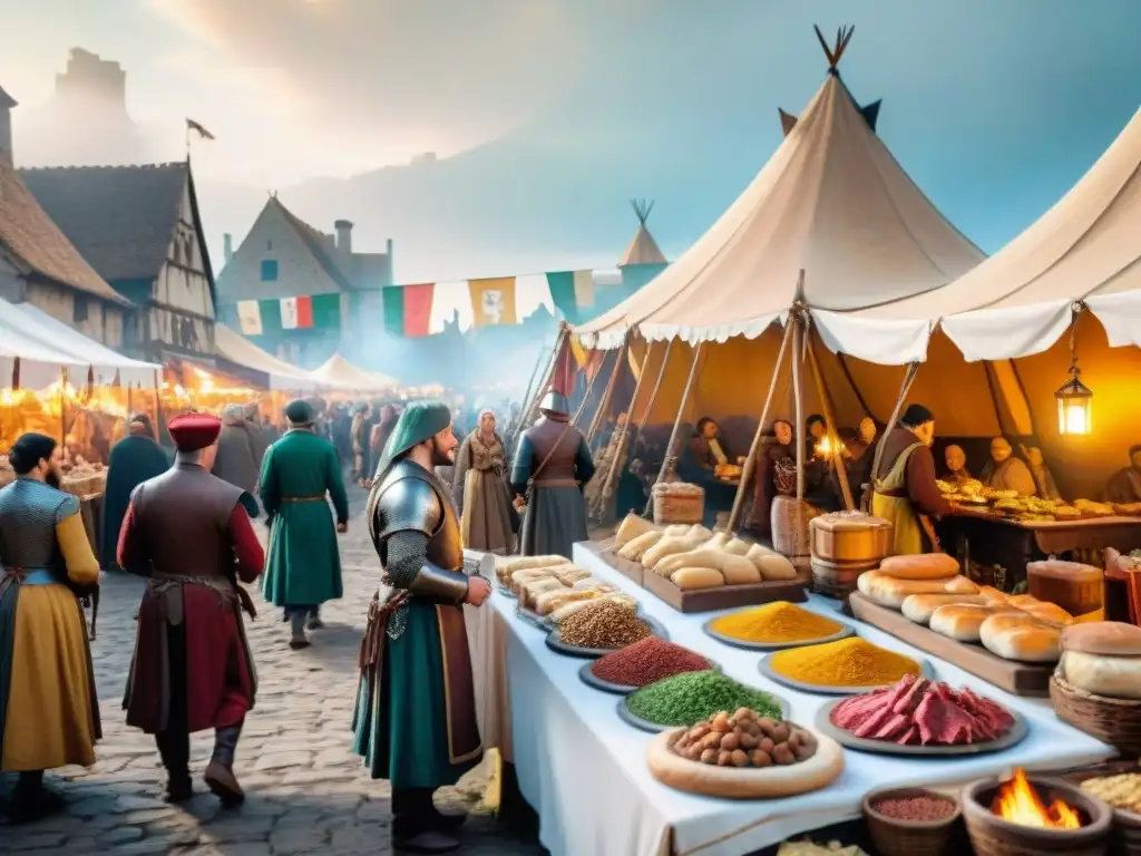Recetas medievales ferias gastronómicas: Vívida feria medieval con coloridos puestos de comida y mercaderes en trajes de época