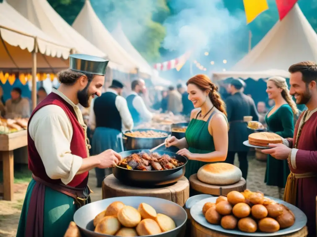 Recetas medievales ferias gastronómicas: escena medieval bulliciosa con vendedores y platos tradicionales