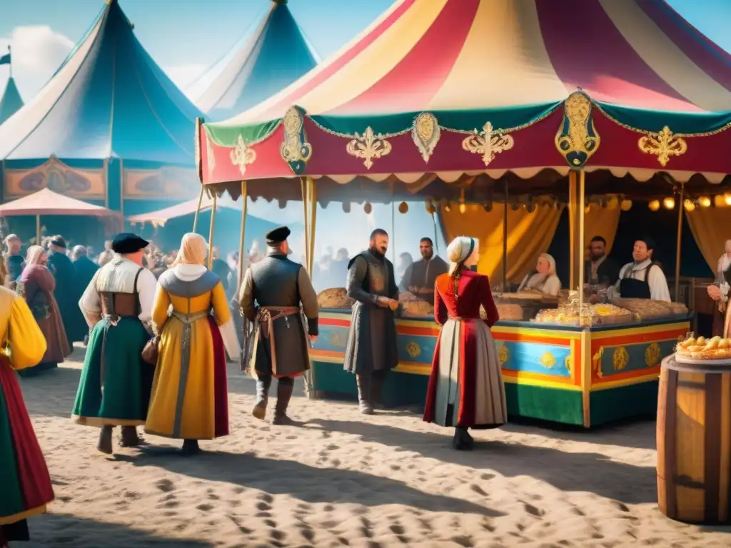 Recetas medievales ferias gastronómicas: Colorida feria medieval con puestos de comida y personas en atuendos históricos