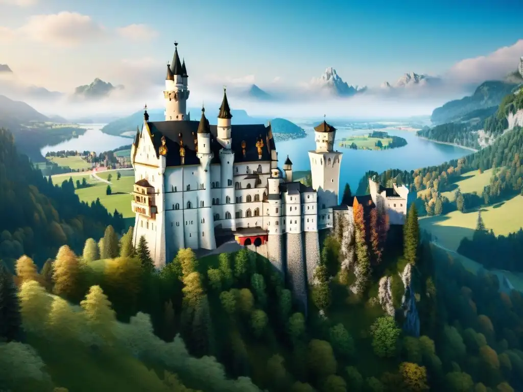 Una recreación detallada en 8k del icónico Castillo de Neuschwanstein en Alemania, en un videojuego, con jugadores explorando sus terrenos