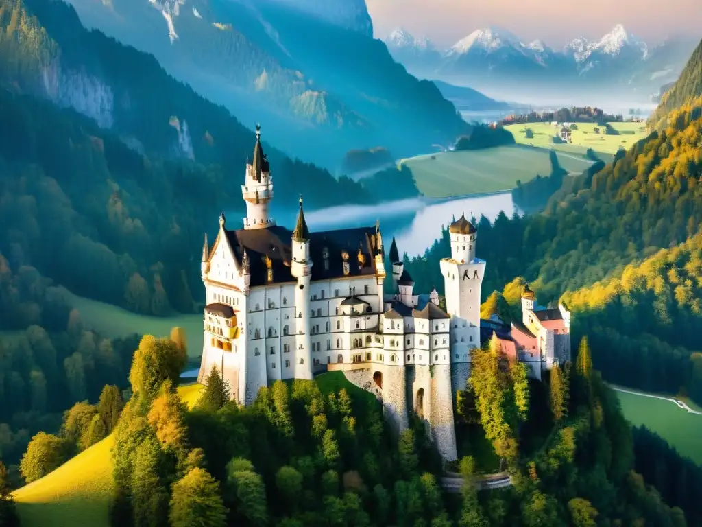 Una recreación detallada del majestuoso Castillo de Neuschwanstein en Alemania, rodeado de bosques verdes y montañas nevadas