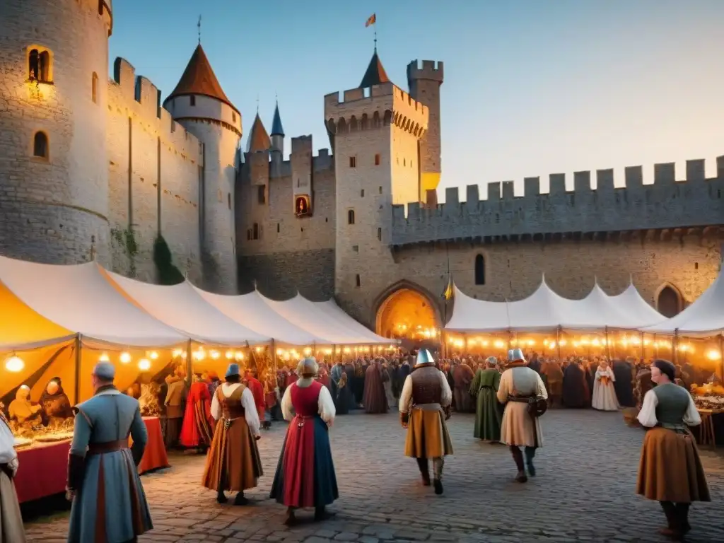 Animado festival medieval en un majestuoso castillo Recreaciones históricas en castillo medieval: ambiente festivo, músicos, vendedores y murallas imponentes al atardecer