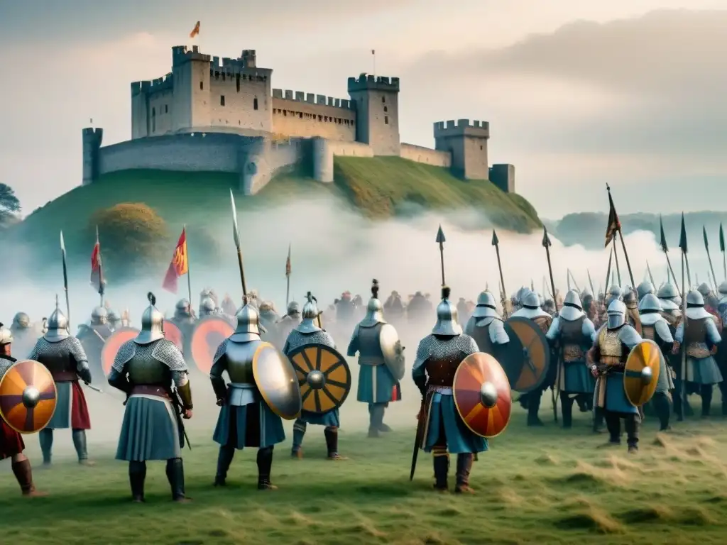 Batalla medieval épica frente a un castillo centenario Recreaciones históricas enigmáticas frente a un castillo centenario