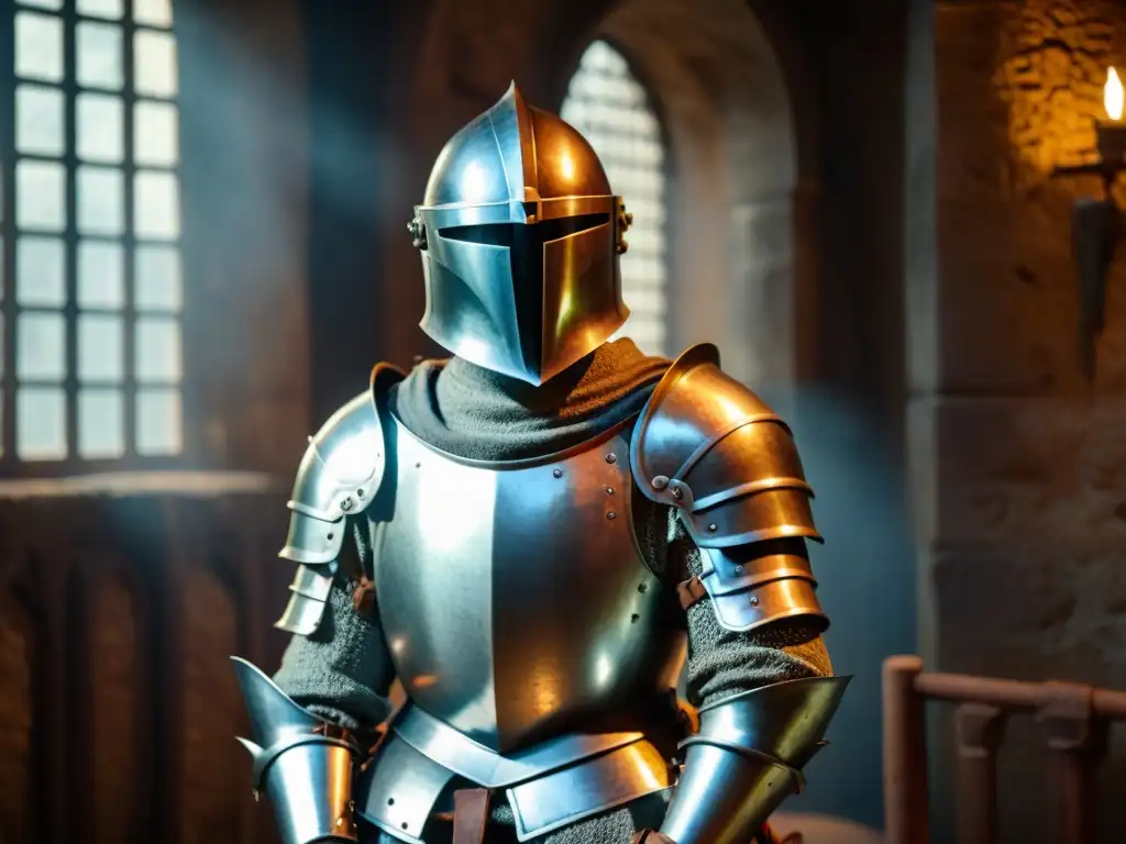 Armadura medieval desgastada en castillo sombrío Un relicario viviente de la vida del caballero en un castillo antiguo, donde el brillo de las armaduras cuenta historias de valor y honor