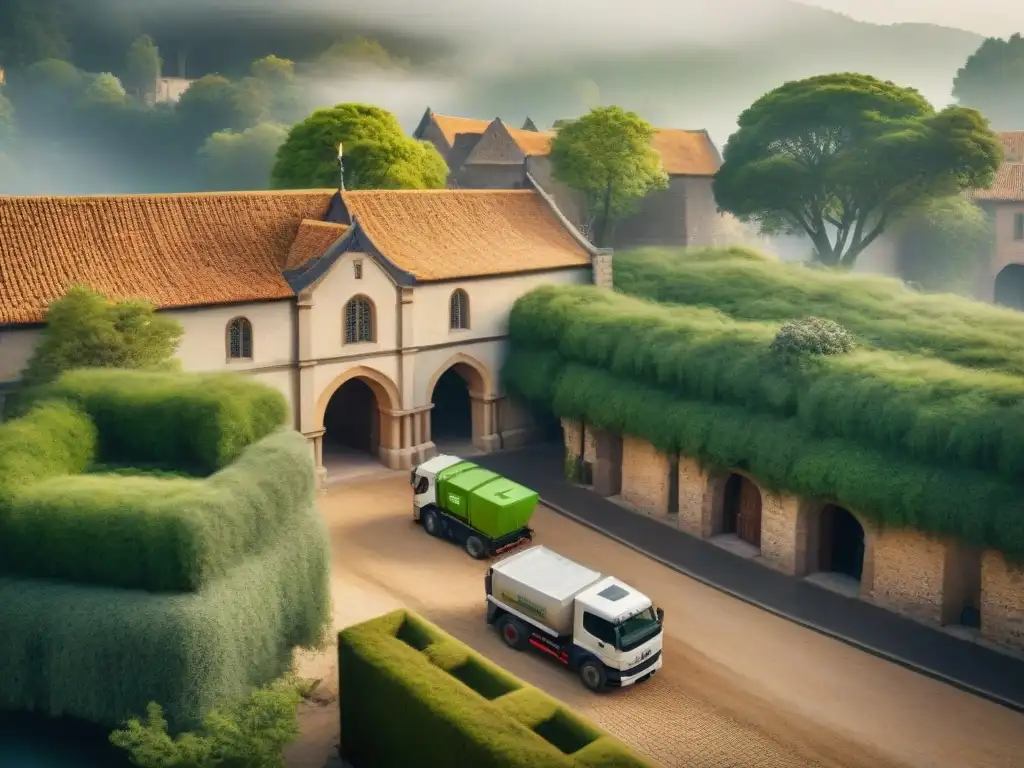 Gestión residuos en sitios históricos: Integración perfecta de contenedores de reciclaje y vehículos modernos en un entorno medieval sostenible