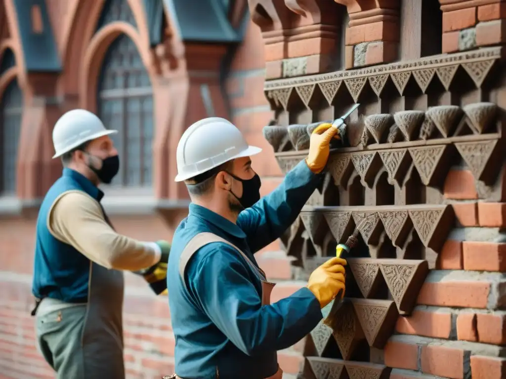Restauración detallada en Castillo de Malbork Restauración compleja en Castillo Malbork: equipo experto limpia detalladas esculturas en piedra