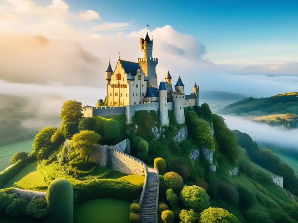 Castillo medieval majestuoso entre naturaleza exuberante Retiros en castillos majestuosos empleados: un castillo medieval rodeado de naturaleza exuberante, bajo un cielo azul
