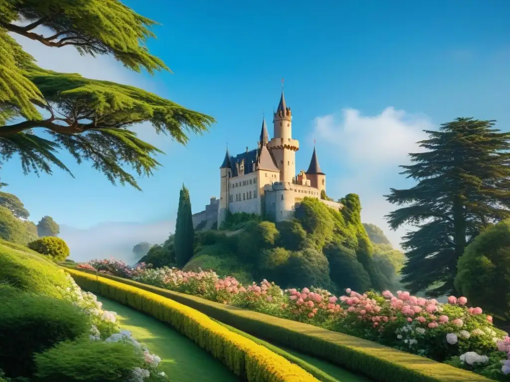 Castillo majestuoso en paisaje verde: escenario de retiro corporativo Retiros en castillos majestuosos empleados: un castillo imponente rodeado de naturaleza exuberante y historia serena
