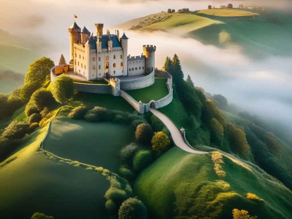 Castillo épico en colinas verdes al atardecer Retiros en castillos majestuosos empleados: Un castillo majestuoso bañado por la cálida luz dorada del atardecer, rodeado de verdes colinas y un foso
