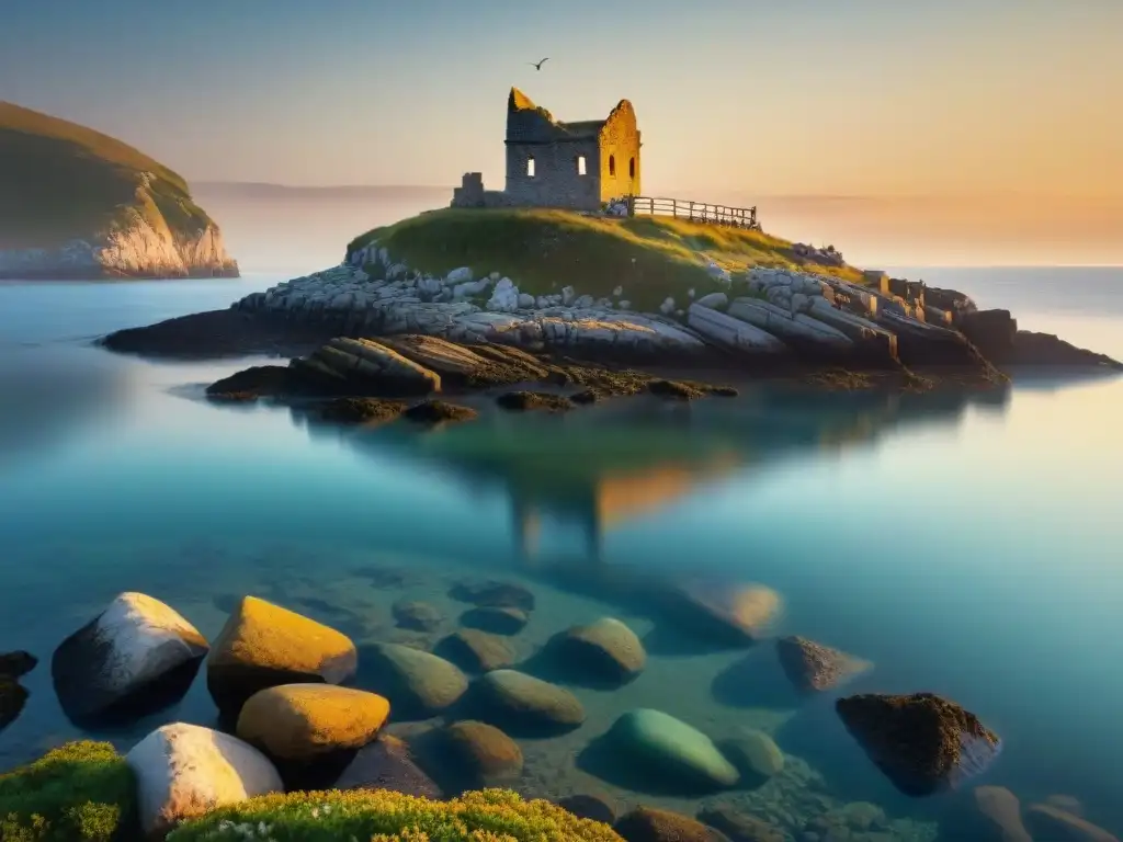 Amanecer en Ruinas Antiguas: Costa Serena Ruinas antiguas parcialmente sumergidas en aguas cristalinas al amanecer, rodeadas de vida marina