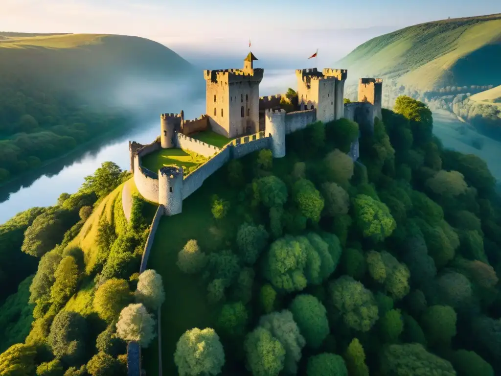 Castillo antiguo en acantilado: ruinas intrincadas y naturaleza exuberante Ruinas de un castillo antiguo en un acantilado, capturadas por un dron