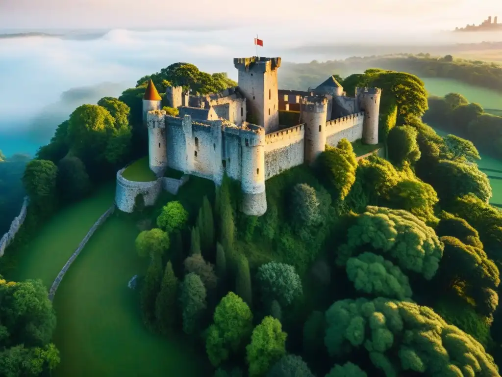 Castillo legendario: ruinas majestuosas entre vegetación exuberante Ruinas de un castillo legendario rodeado de vegetación, con muros y torres de piedra, bajo un cielo azul