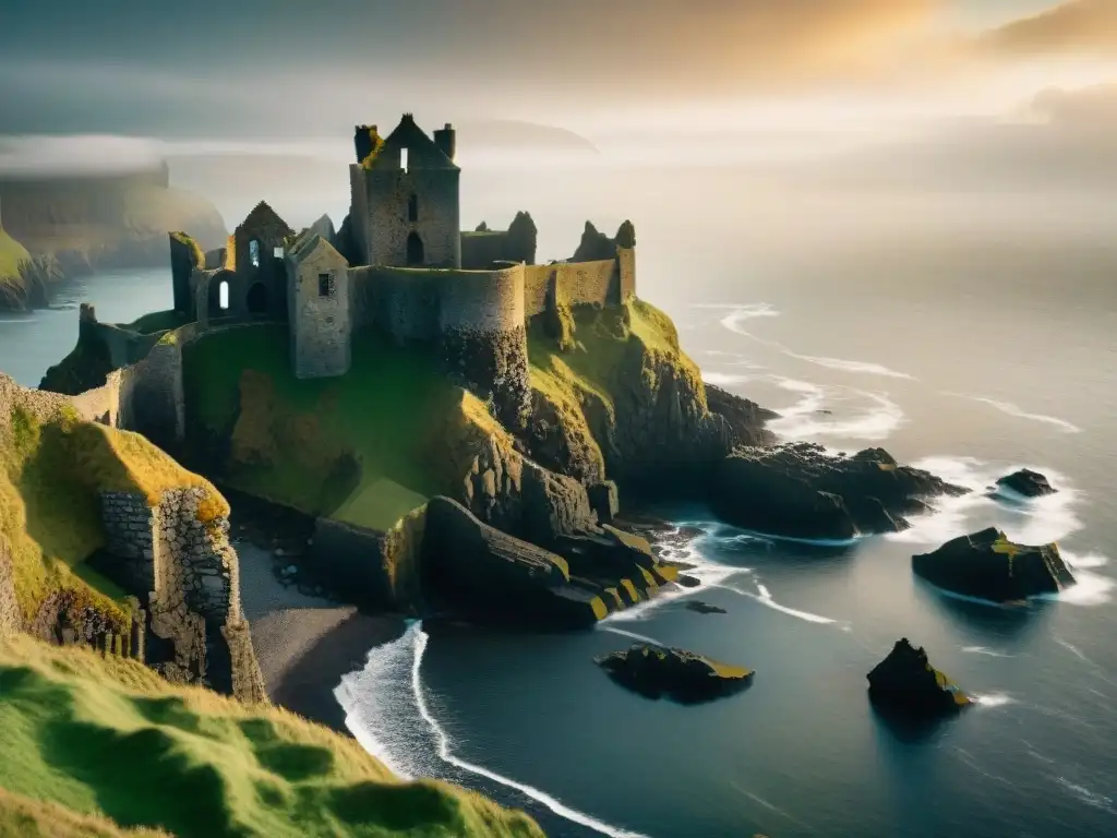 Ruinas misteriosas: Dunluce Castle en la neblina Las ruinas imponentes del Castillo de Dunluce en Irlanda del Norte, envueltas en niebla con el océano Atlántico chocando contra los acantilados