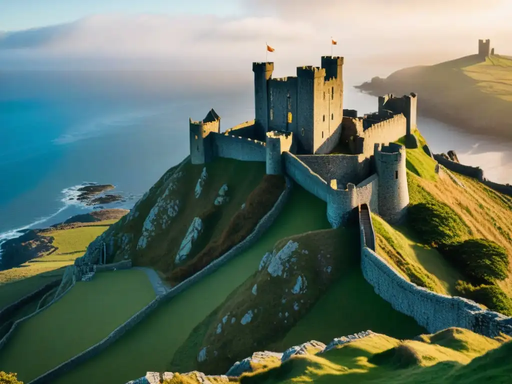 Ruinas imponentes del Castillo Harlech en Gales, iluminadas por el sol al atardecer sobre el mar