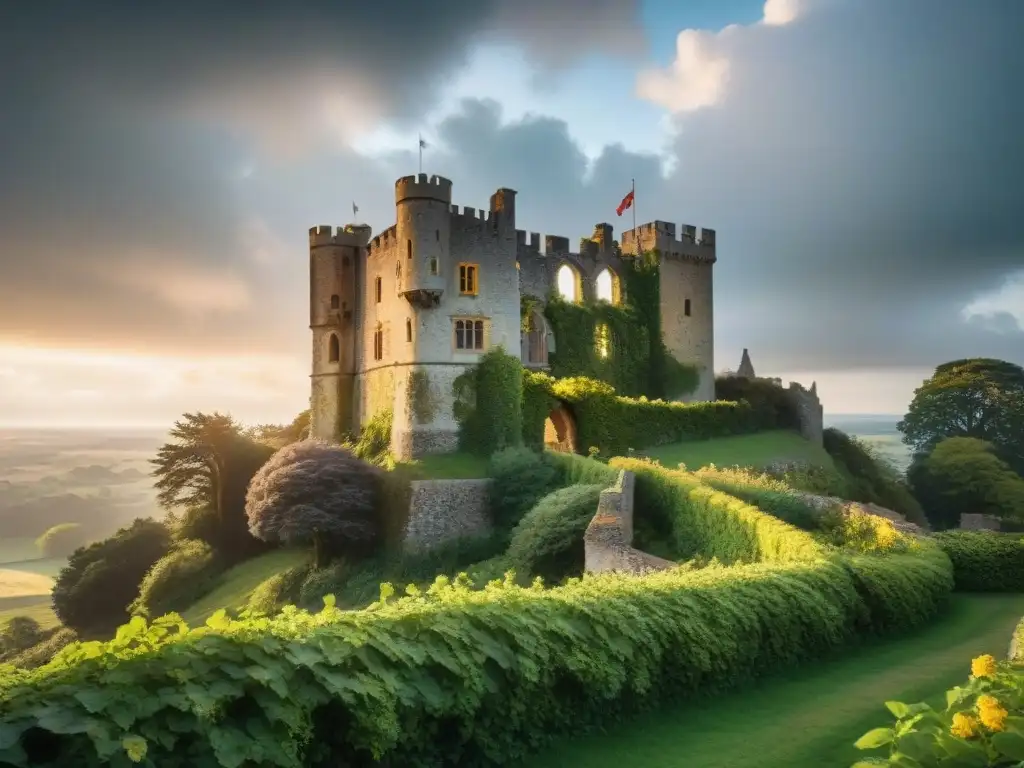 Ruinas de castillo medieval: historia y misterio bajo la luz Ruinas majestuosas de un castillo medieval envuelto en naturaleza, con detalles intrincados y atmósfera misteriosa