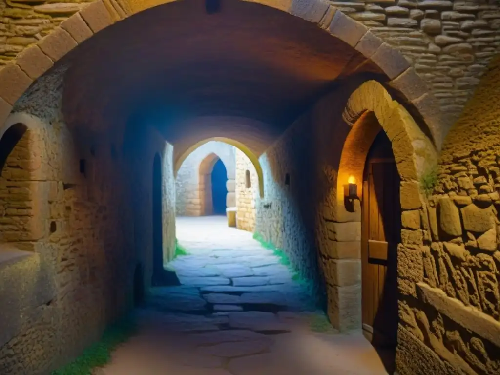 Misterioso túnel de piedra en Castillo de Guedelon Rutas de espías en castillos: Intrincadas sombras y misteriosas esculturas en un túnel de piedra del Castillo de Guedelon