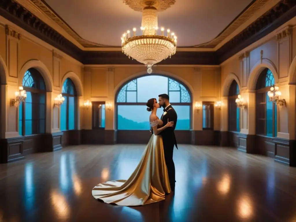Baile de ensueño en el castillo encantado Un salón de baile exquisito en un imponente castillo encantado, con parejas danzando elegantemente en trajes vintage bajo la luz de las velas