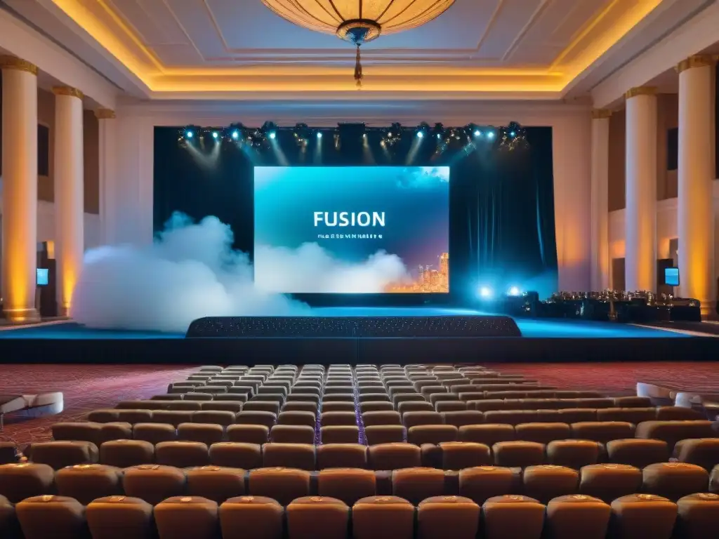 Salón de baile histórico con tecnología de vanguardia integrada Un salón histórico y elegante con tecnología futurista integrada, ideal para eventos corporativos en espacios antiguos