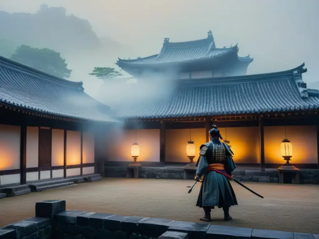 Samurai con espada brillante en patio neblinoso del Castillo Himeji Un samurái con espada brillante en un patio neblinoso del Castillo de Himeji al atardecer, iluminado por linternas japonesas