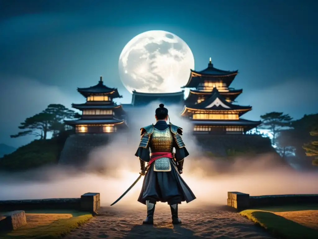 Samurái frente a espíritu en castillo japonés Un samurái japonés frente a espíritus vengativos en un castillo japonés iluminado por la luna